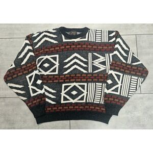Vintage Magnetic Force Mens Geometric Abstract Knit Sweater Black White Rust M
